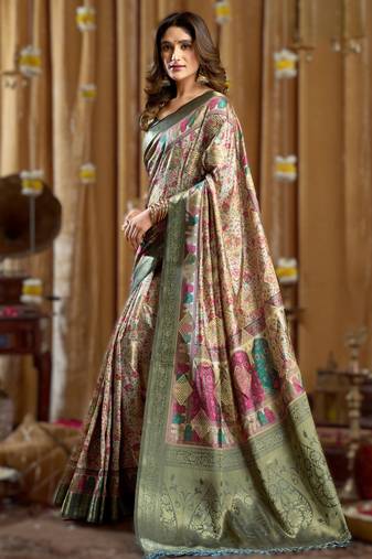 green gobuni simran digital printed banarasi border saree