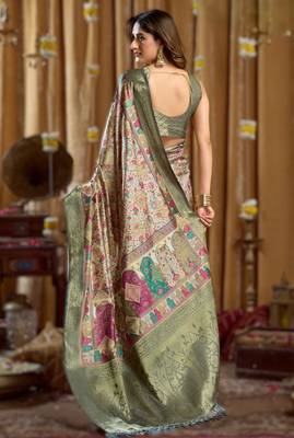green gobuni simran digital printed banarasi border saree 2