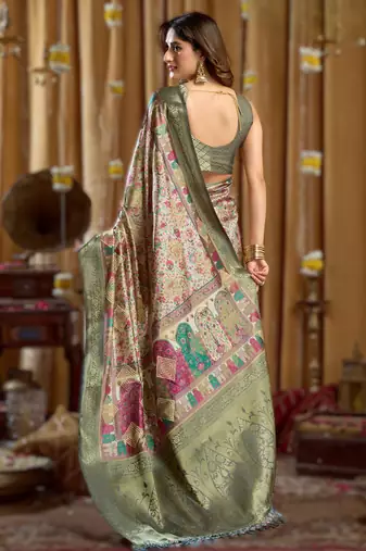 green gobuni simran digital printed banarasi border saree