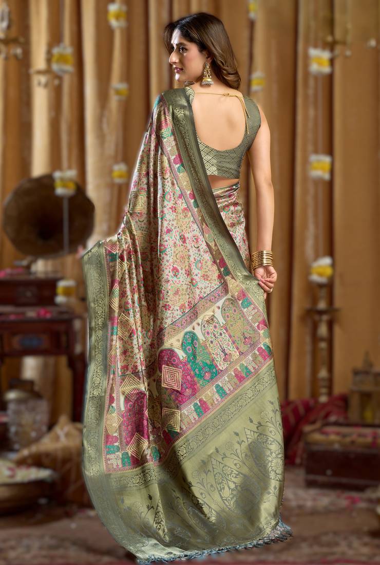 green gobuni simran digital printed banarasi border saree