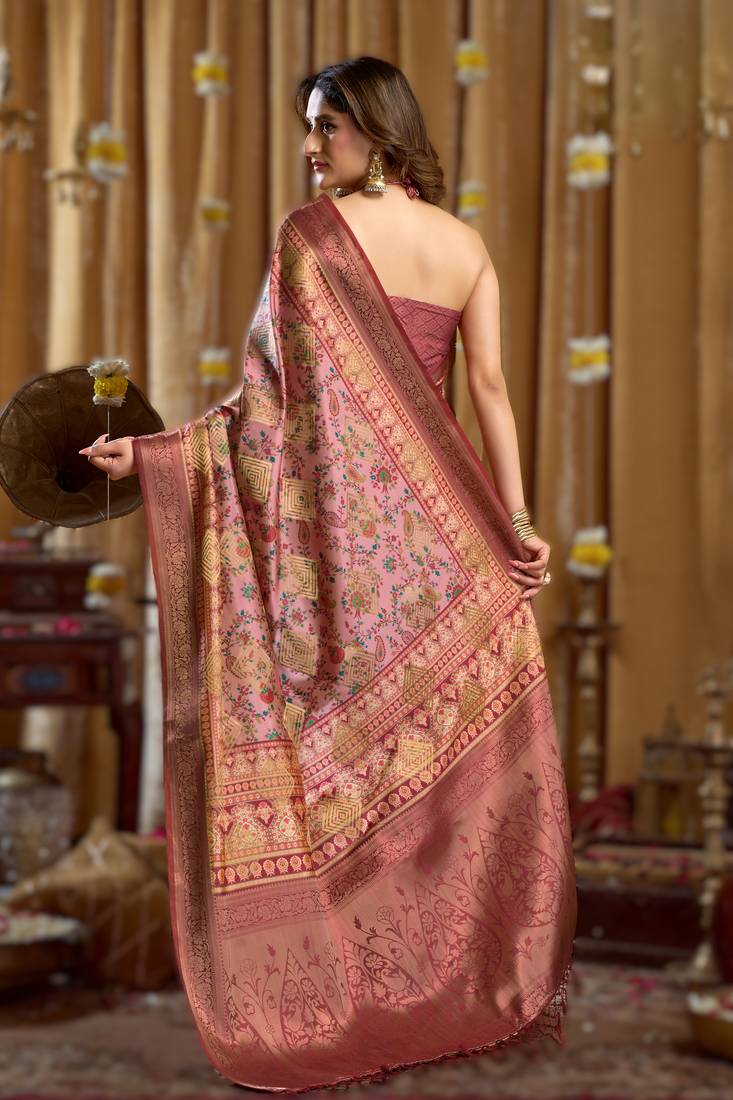 pink gobuni simran digital printed banarasi border saree