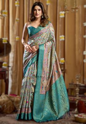 sky blue gobuni simran digital printed banarasi border saree 1