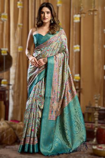 sky blue gobuni simran digital printed banarasi border saree