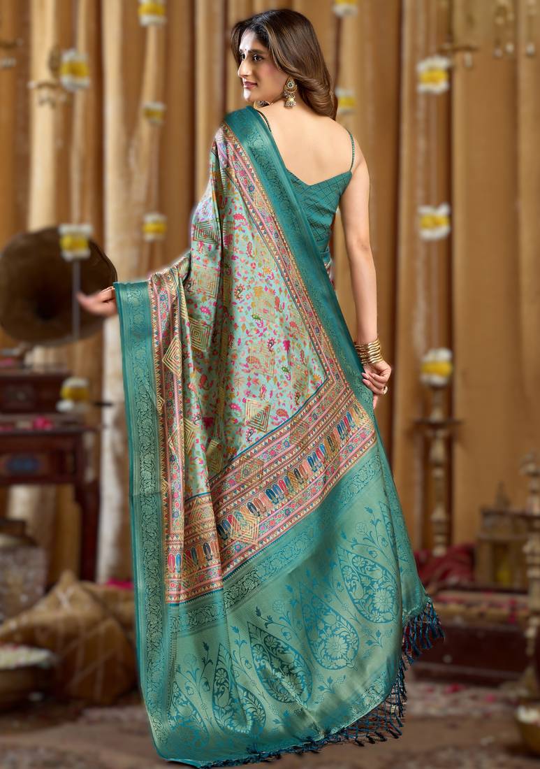 sky blue gobuni simran digital printed banarasi border saree