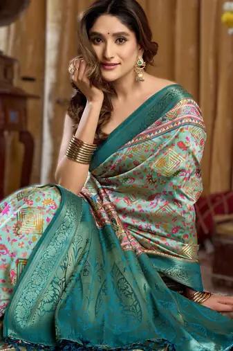 sky blue gobuni simran digital printed banarasi border saree