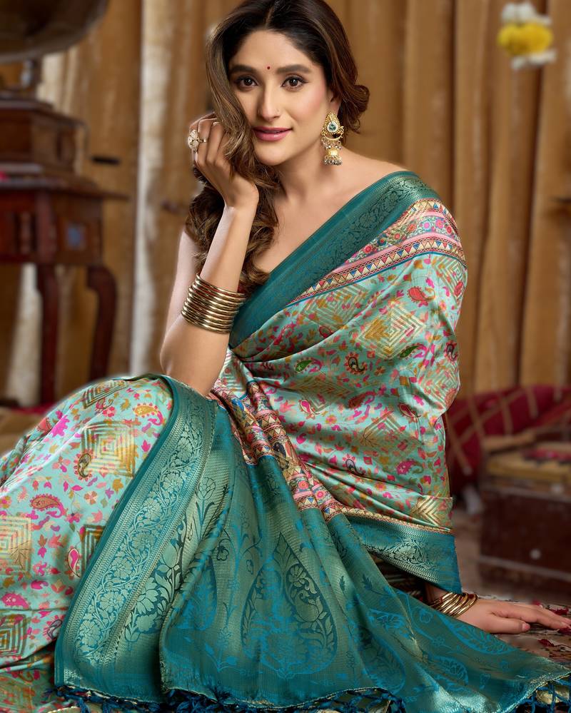 sky blue gobuni simran digital printed banarasi border saree