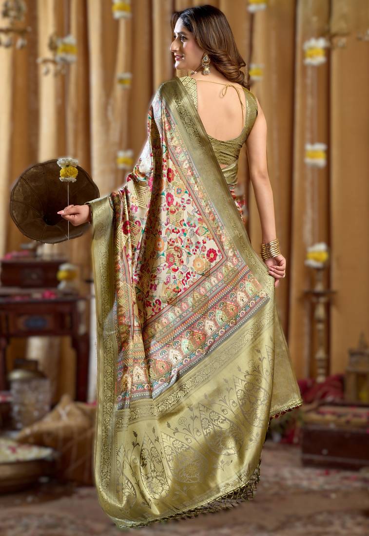 mehendi gobuni simran digital printed banarasi border saree