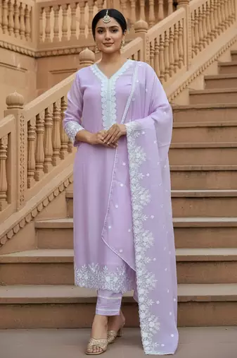 Lavender georgette thread embroidery work kurti pant with dupatta
