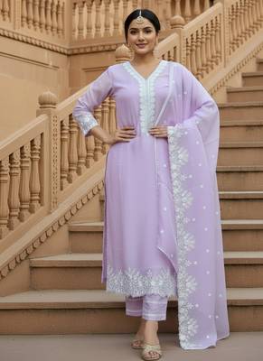 Lavender georgette thread embroidery work kurti pant with dupatta 2