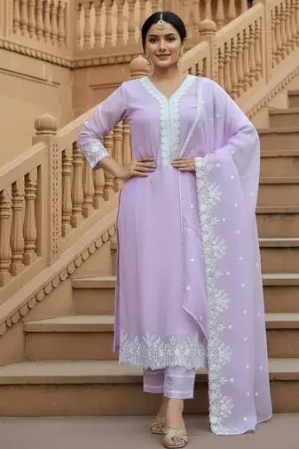 Lavender georgette thread embroidery work kurti pant with dupatta