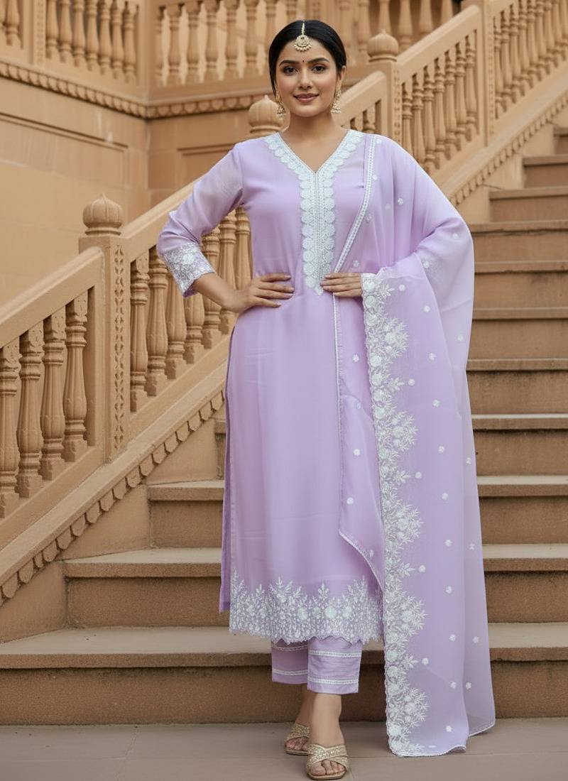 Lavender georgette thread embroidery work kurti pant with dupatta