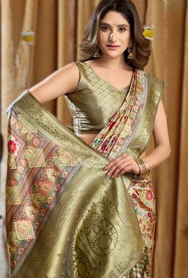 mehendi gobuni simran digital printed banarasi border saree 3