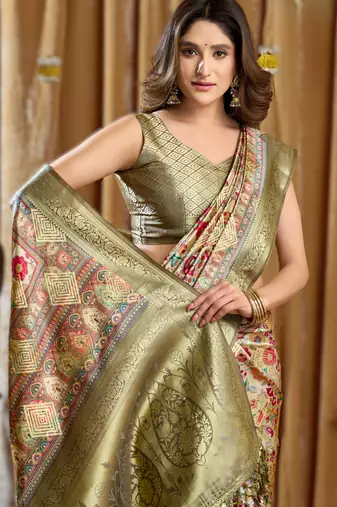 mehendi gobuni simran digital printed banarasi border saree
