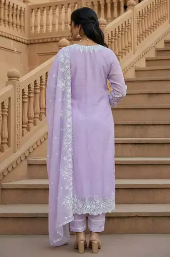 Lavender georgette thread embroidery work kurti pant with dupatta