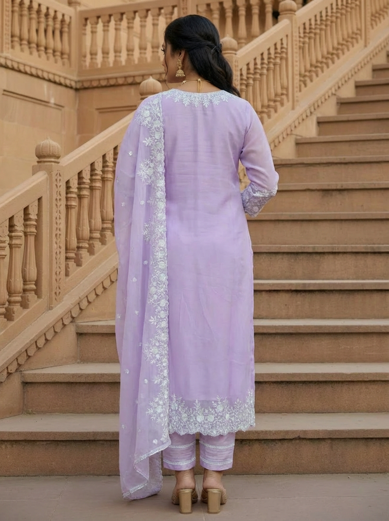 Lavender georgette thread embroidery work kurti pant with dupatta