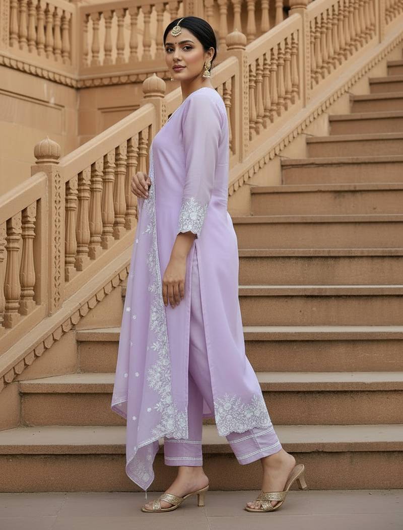 Lavender georgette thread embroidery work kurti pant with dupatta