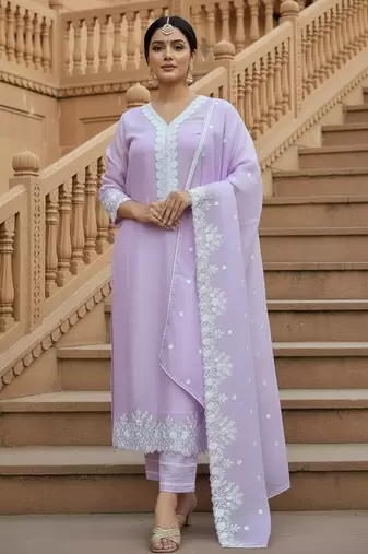 Lavender georgette thread embroidery work kurti pant with dupatta