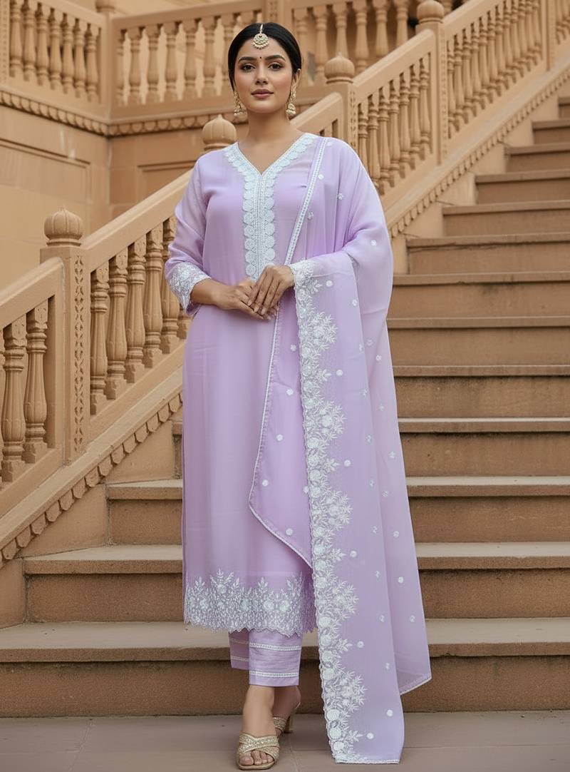 Lavender georgette thread embroidery work kurti pant with dupatta