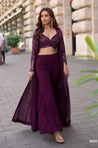 purple heavy georgette indowestern crop top palazzo shrug set-Full Stitched Free size
