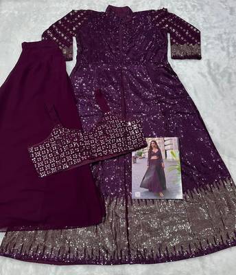 purple heavy georgette indowestern crop top palazzo shrug set-Full Stitched Free size 3
