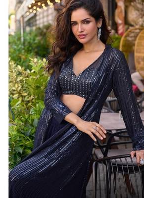 navy blue heavy georgette indowestern crop top palazzo shrug set-Full Stitched Free size 2