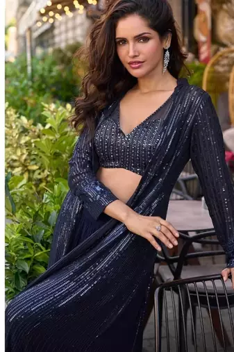 navy blue heavy georgette indowestern crop top palazzo shrug set-Full Stitched Free size