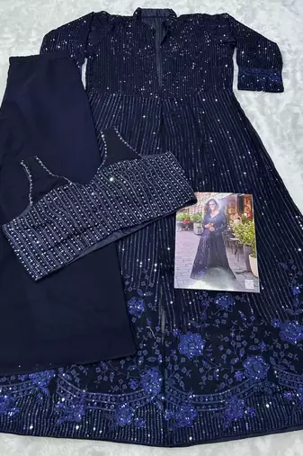 navy blue heavy georgette indowestern crop top palazzo shrug set-Full Stitched Free size