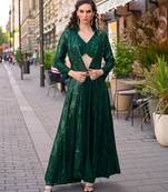 bottle green heavy georgette indowestern crop top palazzo shrug set-Full Stitched Free size