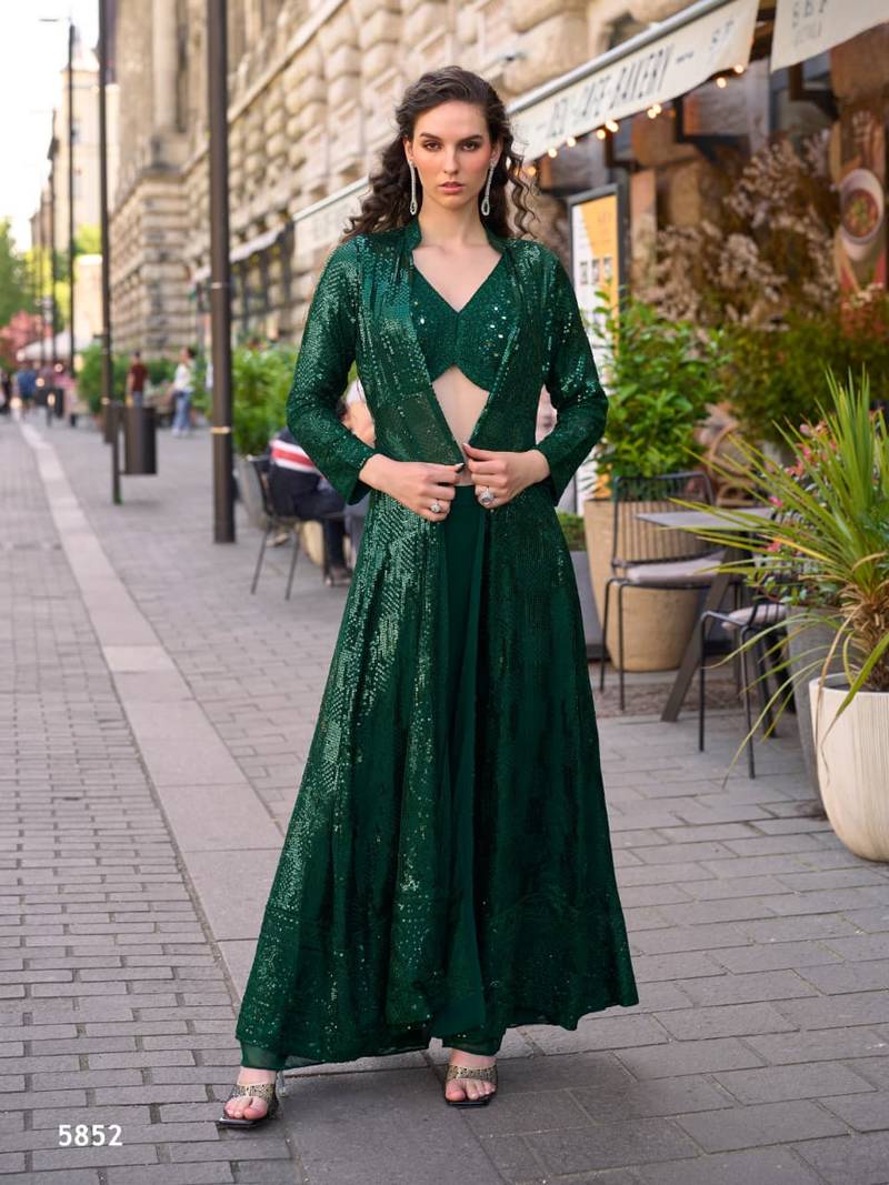 bottle green heavy georgette indowestern crop top palazzo shrug set-Full Stitched Free size