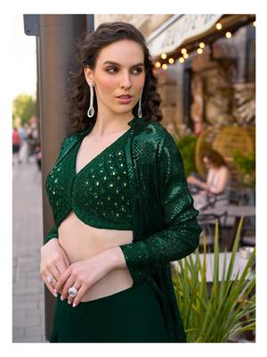 bottle green heavy georgette indowestern crop top palazzo shrug set-Full Stitched Free size 2