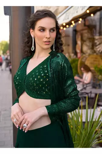 bottle green heavy georgette indowestern crop top palazzo shrug set-Full Stitched Free size