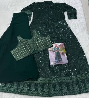 bottle green heavy georgette indowestern crop top palazzo shrug set-Full Stitched Free size 3