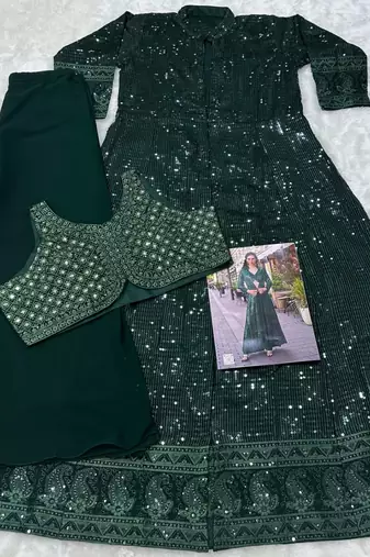 bottle green heavy georgette indowestern crop top palazzo shrug set-Full Stitched Free size