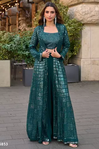 teal green heavy georgette indowestern crop top palazzo shrug set-Full Stitched Free size