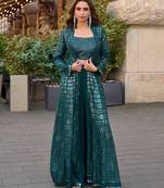 teal green heavy georgette indowestern crop top palazzo shrug set-Full Stitched Free size