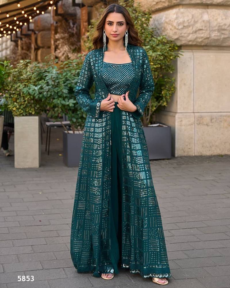 teal green heavy georgette indowestern crop top palazzo shrug set-Full Stitched Free size