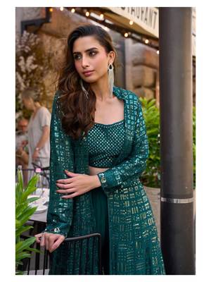 teal green heavy georgette indowestern crop top palazzo shrug set-Full Stitched Free size 2