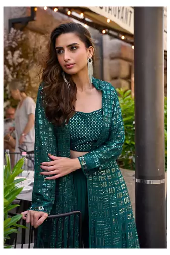 teal green heavy georgette indowestern crop top palazzo shrug set-Full Stitched Free size