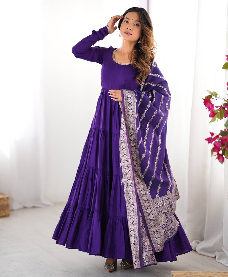 heavy pure romansilk chanderi purple gown