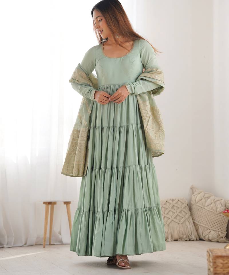 heavy pure romansilk chanderi pista gown