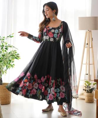 Women soft organza silk with print fully flair anarkali pant with dupatta set 1