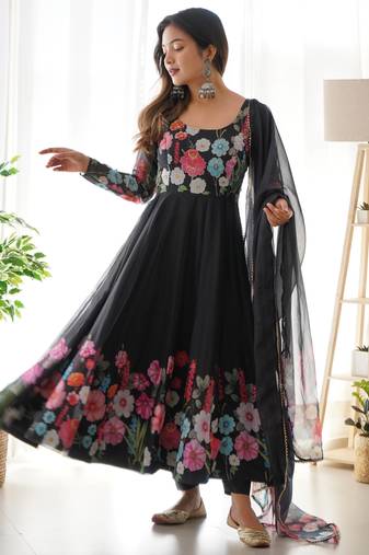 Women soft organza silk with print fully flair anarkali pant with dupatta set