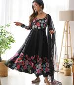 Women soft organza silk with print fully flair anarkali pant with dupatta set