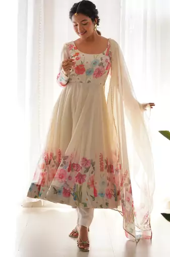 Women soft organza silk with print fully flair anarkali pant with dupatta set