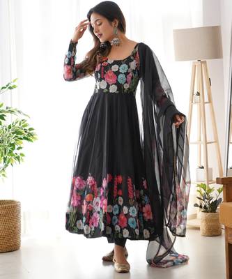 Women soft organza silk with print fully flair anarkali pant with dupatta set 2