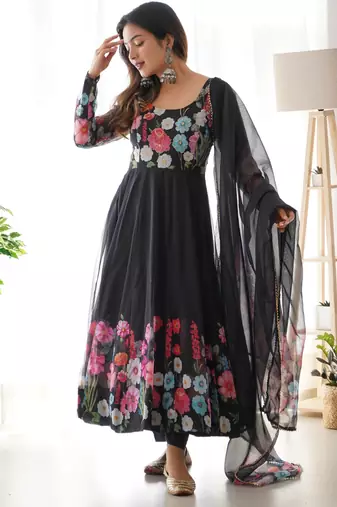 Women soft organza silk with print fully flair anarkali pant with dupatta set