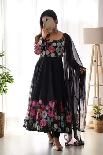 Women soft organza silk with print fully flair anarkali pant with dupatta set