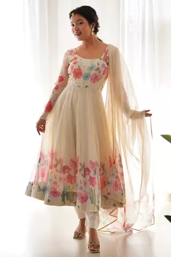 Women soft organza silk with print fully flair anarkali pant with dupatta set