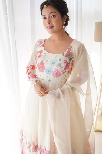 Women soft organza silk with print fully flair anarkali pant with dupatta set