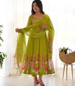 Women soft organza silk with print fully flair anarkali pant with dupatta set